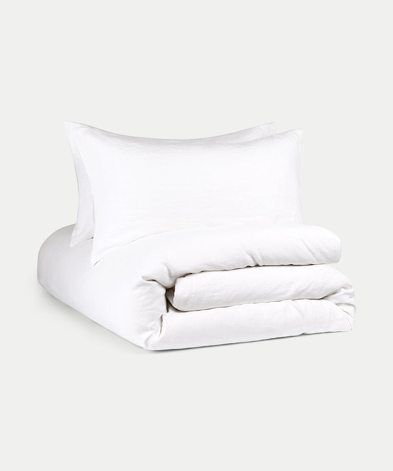 Bettwäsche Set & Spannbettlaken Gewaschenem Leinen | Weiss