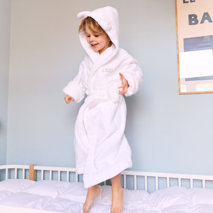 Kinderbademantel Zero-Twist-Baumwolle mit Bestickung | Weiß