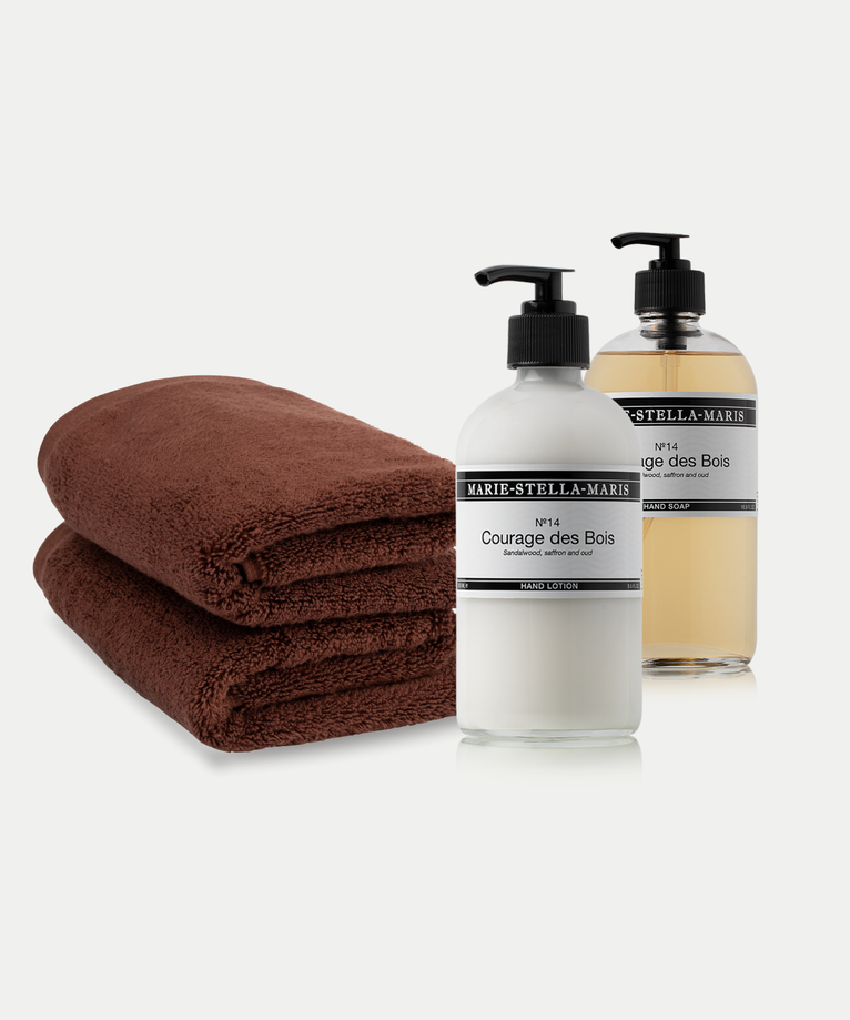 2x Gästetuch Chestnut + Marie-Stella-Maris Handseife & Handlotion Courage des Bois
