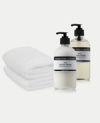 2x Gästetuch Weiß + Marie-Stella-Maris Handseife & Handlotion Lemon Notes