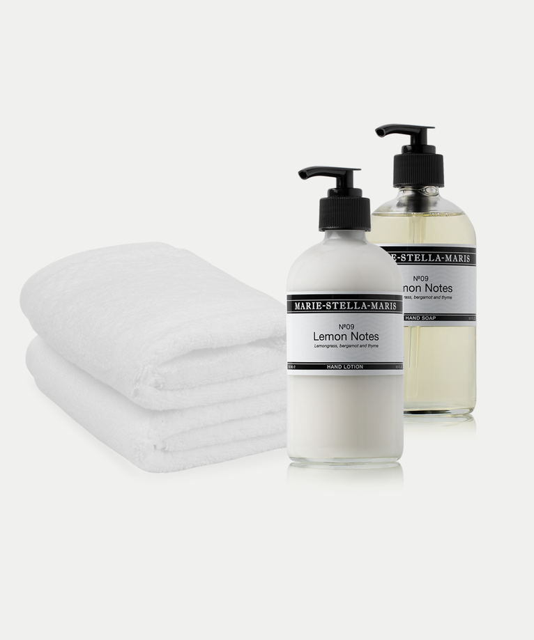 2x Gästetuch Weiß + Marie-Stella-Maris Handseife & Handlotion Lemon Notes