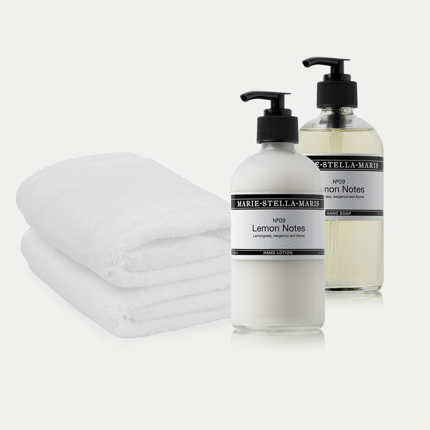 2x Gästetuch Weiß + Marie-Stella-Maris Handseife & Handlotion Lemon Notes