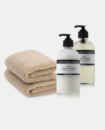 2x Gästetuch Latte + Marie-Stella-Maris Handseife & Handlotion Lemon Notes