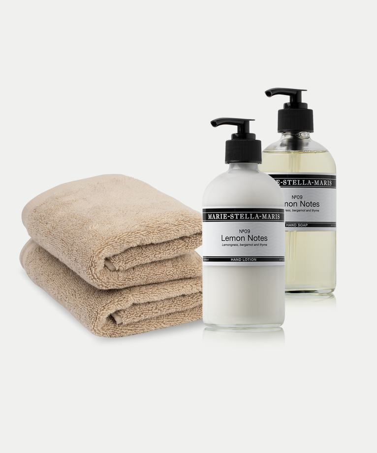 2x Gästetuch Latte + Marie-Stella-Maris Handseife & Handlotion Lemon Notes
