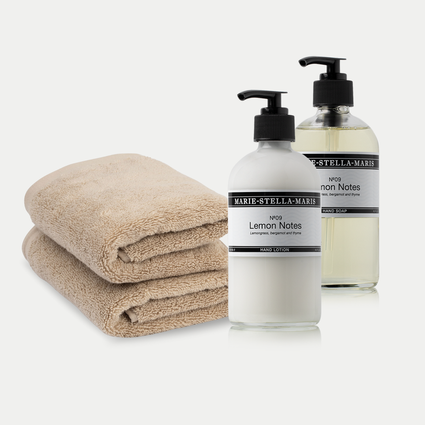 2x Gästetuch Latte + Marie-Stella-Maris Handseife & Handlotion Lemon Notes