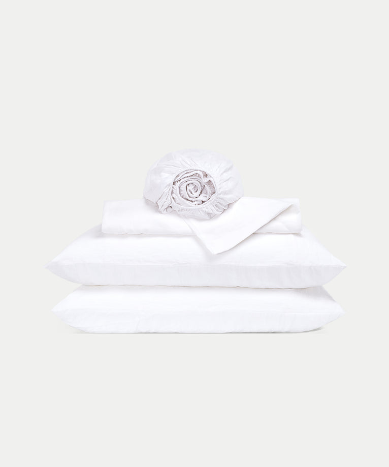 Bettwäsche Set & Spannbettlaken Gewaschenem Leinen | Weiss