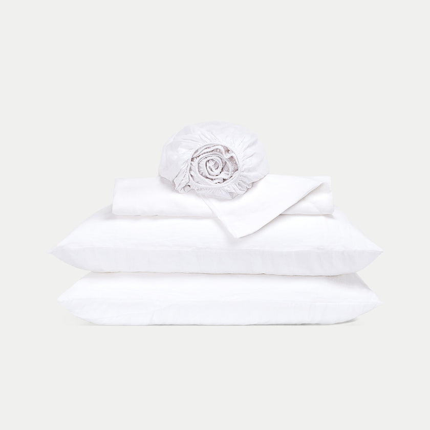 Bettwäsche Set & Spannbettlaken Gewaschenem Leinen | Weiss