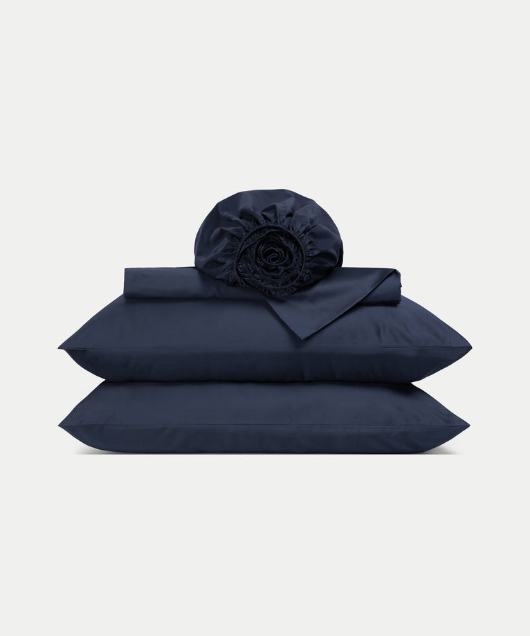 Bettwäsche Set & Spannbettlaken aus Satin | Harbour Blue
