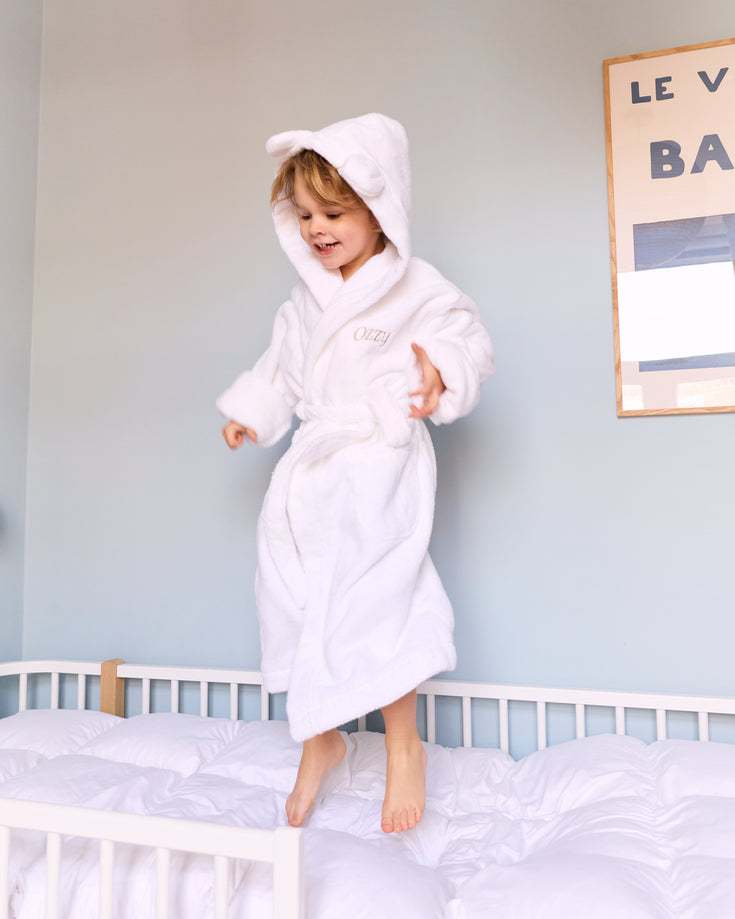 Kinderbademantel Zero-Twist-Baumwolle mit Bestickung | Weiß