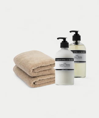 2x Gastendoekje Latte & Marie-Stella-Maris Handzeep + Handlotion Lemon Notes