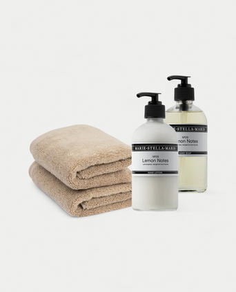 2x Gästehandtuch Latte & Marie-Stella-Maris Handseife + Handlotion Lemon Notes