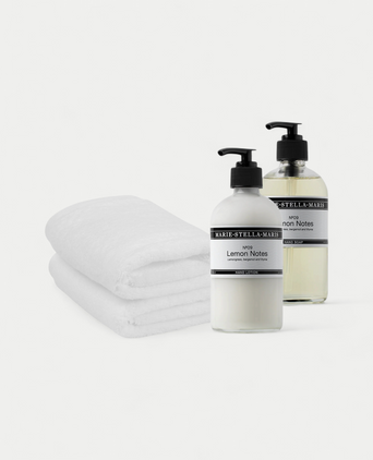 2x Gästehandtuch Weiß & Marie-Stella-Maris Handseife + Handlotion Lemon Notes