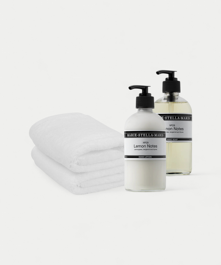 2x Gastendoekje Wit & Marie-Stella-Maris Handzeep + Handlotion Lemon Notes